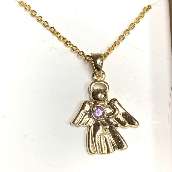 Goldtone amethyst angel pendant necklace 16” bib - Picture 2 of 6
